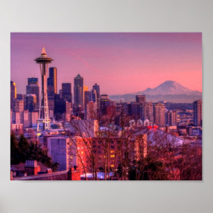 Sunset behind Seattle skyline from Kerry Park. Poster