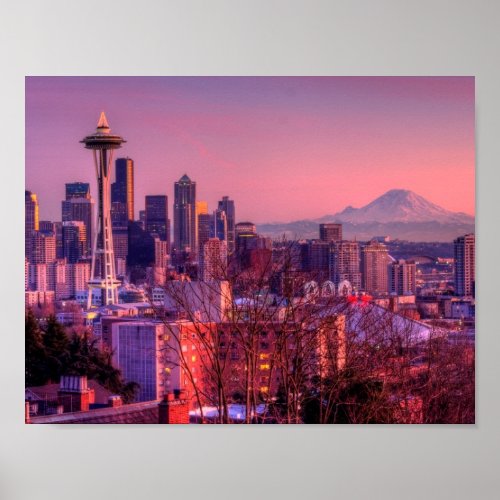 Sunset behind Seattle skyline from Kerry Park Poster