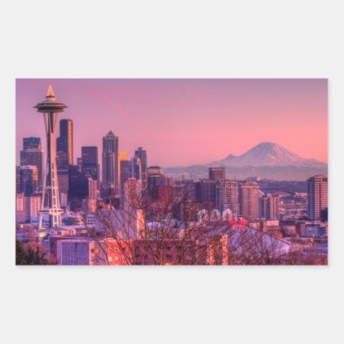 Sunset behind Seattle skyline from Kerry Park Rectangular Sticker