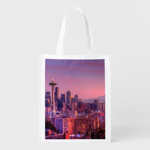 Sunset behind Seattle skyline from Kerry Park Reusable Grocery Bag