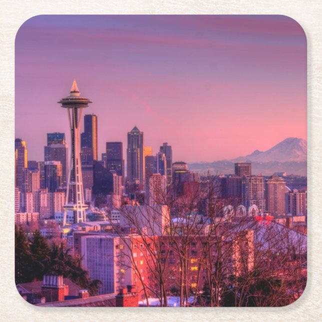 Sunset behind Seattle skyline from Kerry Park. Square Paper Coaster (Front)