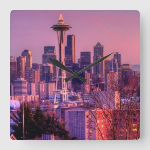 Sunset behind Seattle skyline from Kerry Park Square Wall Clock