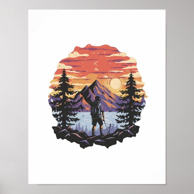 Sunset behind trees and mountains poster (Front)