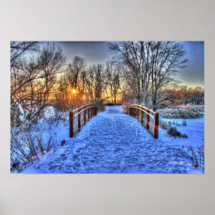 Sunset Beyond the Bridge winter scene Poster