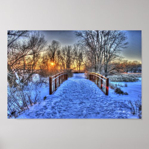 Sunset Beyond the Bridge winter scene Poster