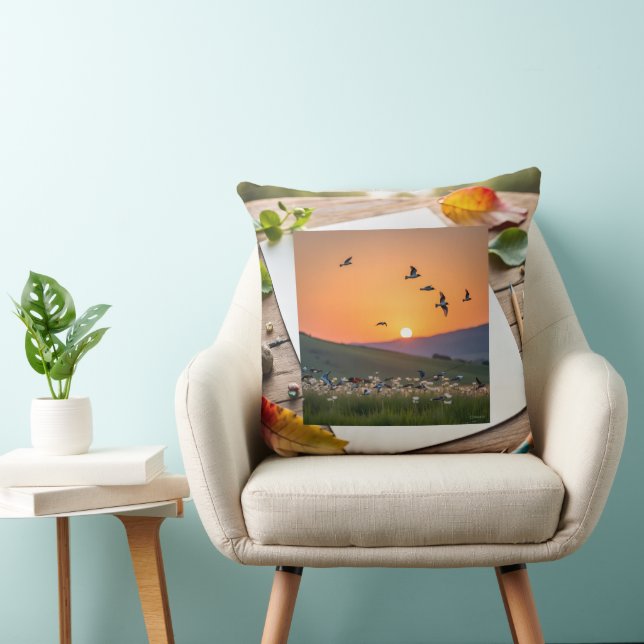 Sunset Birds Illustration on Drawing Sheet Throw Pillow (Chair)