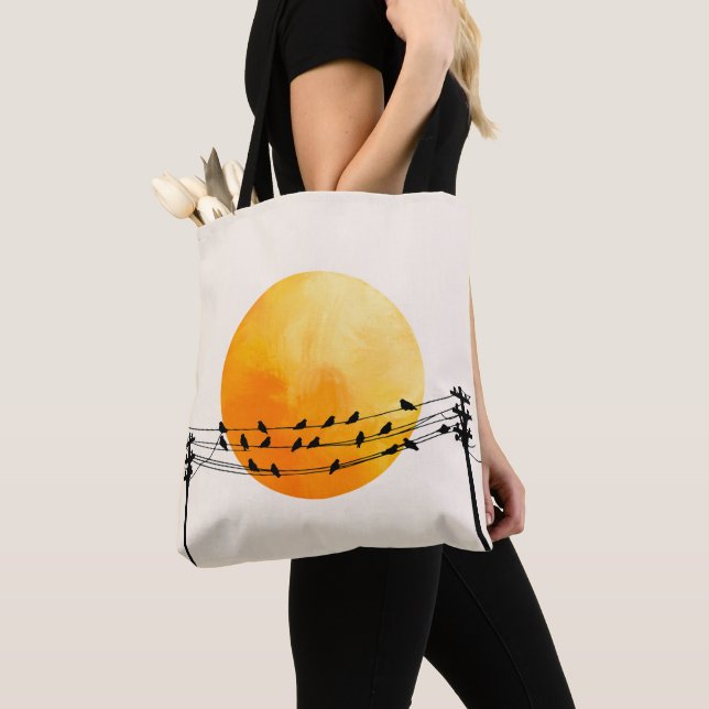 Sunset Birds on Wires Minimalist Art Tote Bag (Close Up)