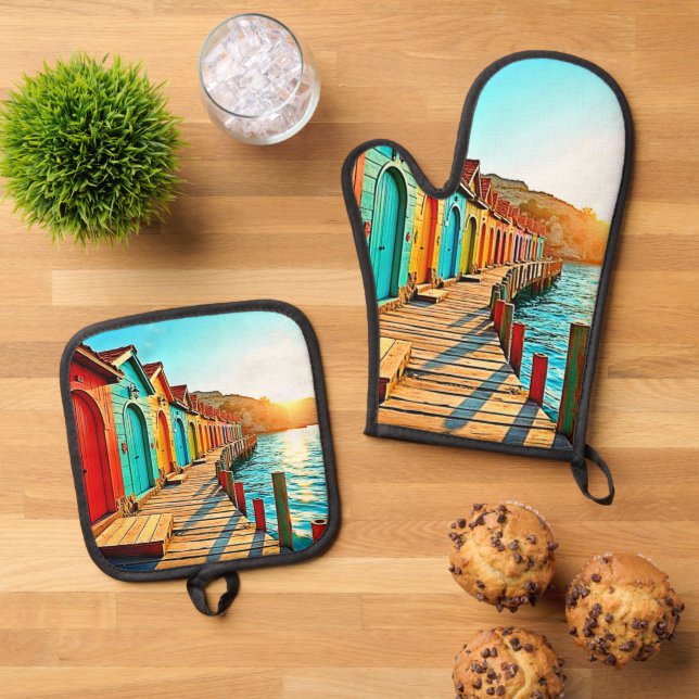 Sunset Bliss: Seaside Hues Oven Mitt & Pot Holder Set (Top Down)