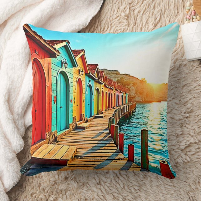 Sunset Bliss: Seaside Hues Throw Pillow (Blanket)