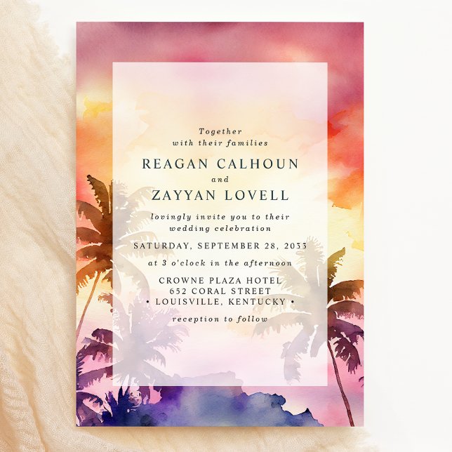 Sunset Bliss Tropical Palm Tree Watercolor Wedding Invitation (Creator Uploaded)