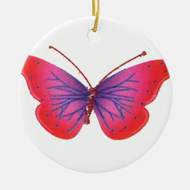 "Sunset Bloom" Red and Purple Butterfly Art Print Ceramic Ornament (Front)