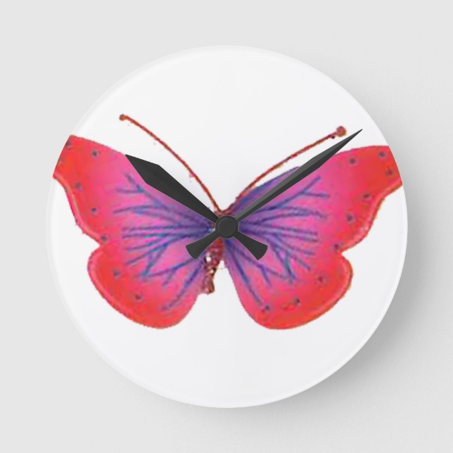 "Sunset Bloom" Red and Purple Butterfly Art Print Round Clock (Front)