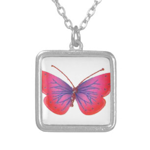 "Sunset Bloom" Red and Purple Butterfly Art Print Silver Plated Necklace