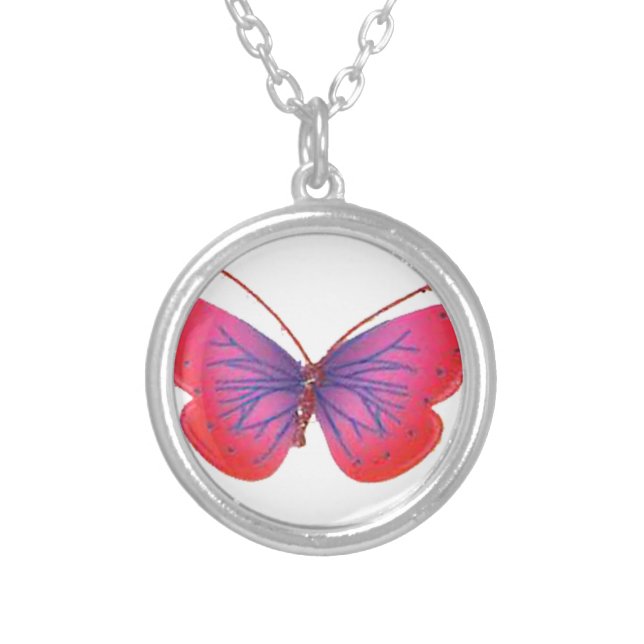 "Sunset Bloom" Red and Purple Butterfly Art Print Silver Plated Necklace (Front)