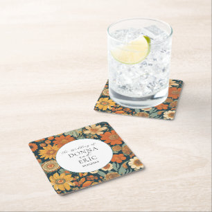 Sunset Blooms: Vintage 70's Orange Floral Wedding Square Paper Coaster