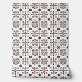 Sunset Blossom Petite - Coral, Navy, White  Wallpaper