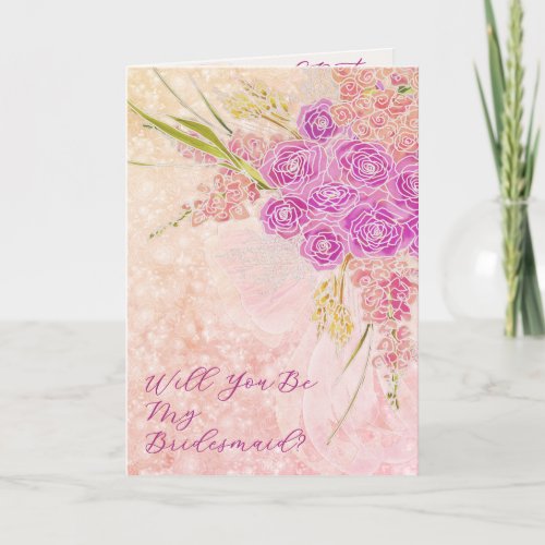 Sunset blush Bow Bright rose Bouquet  Card