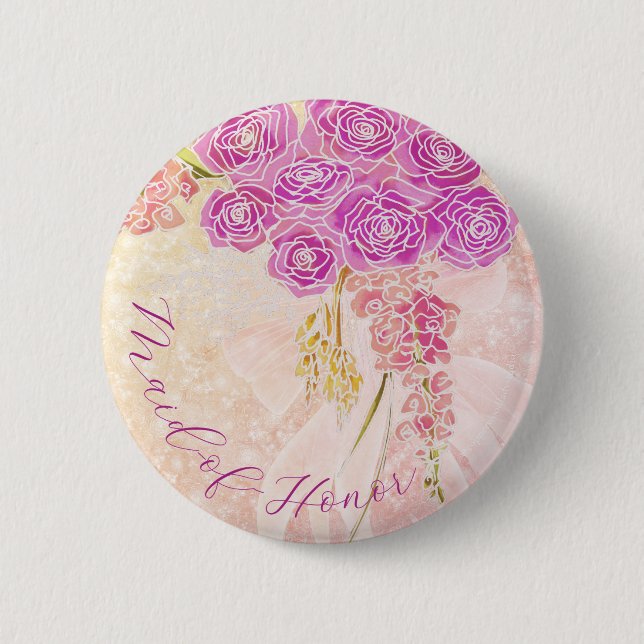 Sunset Blush Bow Bright Rose Bouquet Maid-of-Honor Button (Front)