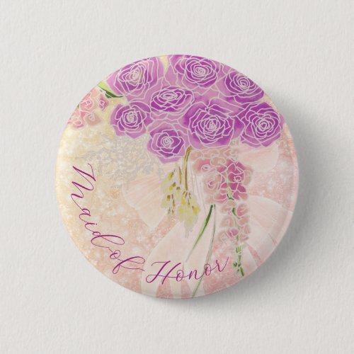 Sunset Blush Bow Rose Bouquet Maid-of-Honor Button