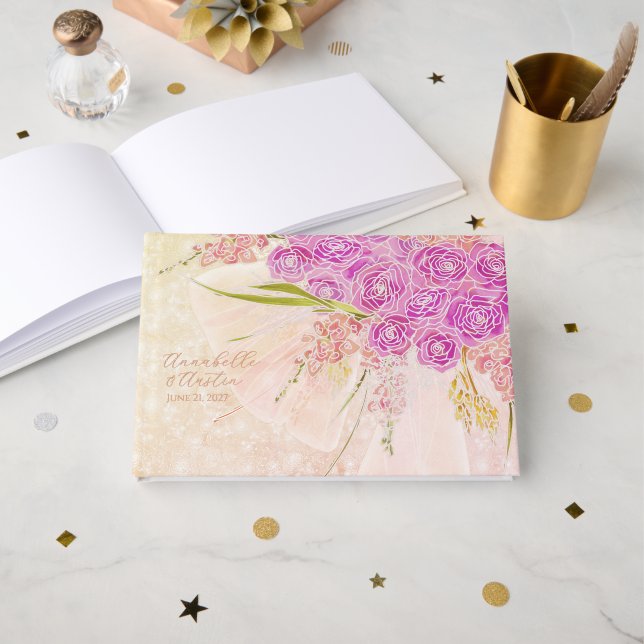 Sunset Blush Sheer bow Bright rose Bouquet Foil Guest Book (Front Open)