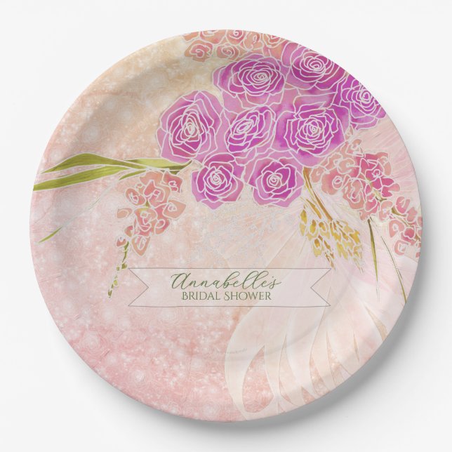 Sunset blush Sheer bow Bright Rose Bouquet Paper Plates (Front)