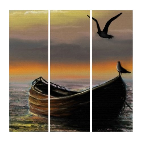 Sunset Boat and Seagull Triptych _ Painting