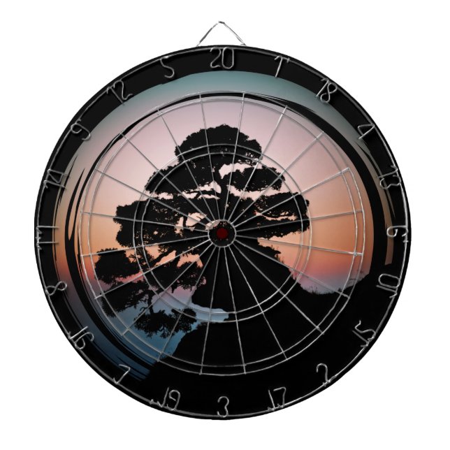 Sunset Bonsai Tree Ceramic Tile Desk Organizer Gol Dart Board (Front)
