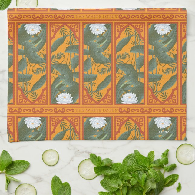 Sunset Botanical Panel Pattern - The White Lotus Kitchen Towel (Folded)