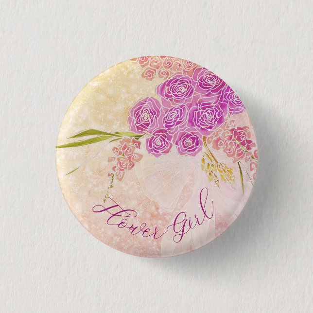 Sunset bow and Bright Rose Bouquet Flower Girl Button (Front)