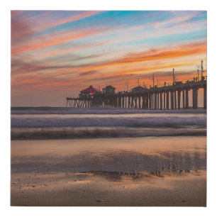 Sunset by Huntington Beach Pier in California Faux Canvas Print
