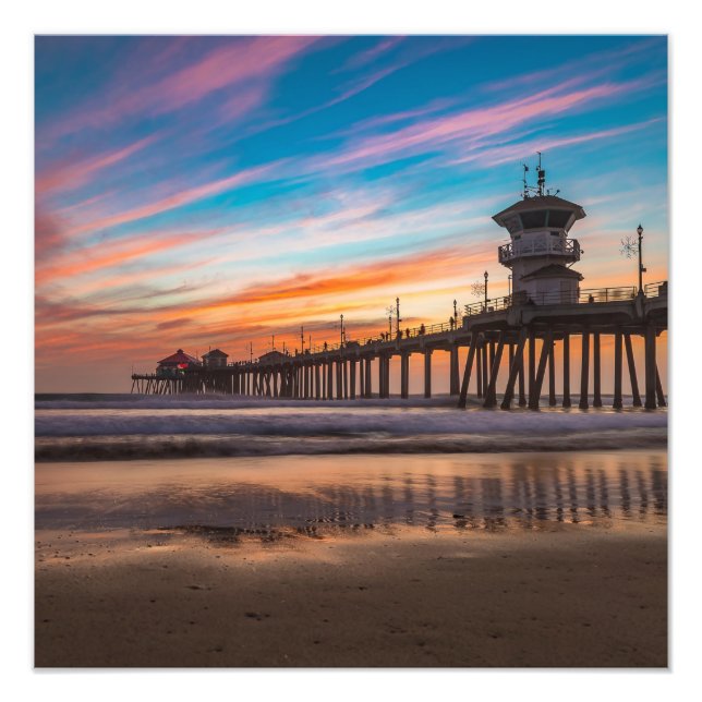 Sunset by Huntington Beach Pier in California Photo Print (Front)