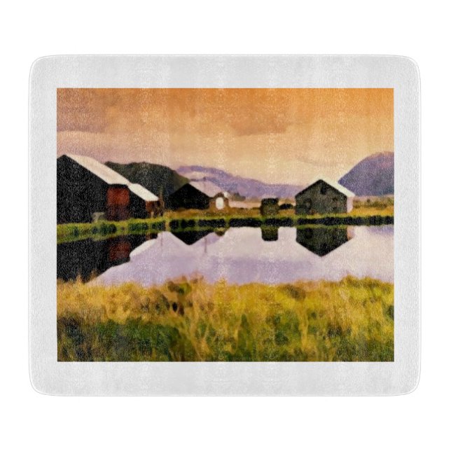 Sunset by the cabins card cutting board (Front)
