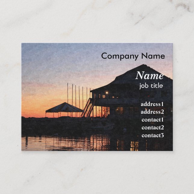 sunset by the lake waterfront with deck buildings business card (Front)
