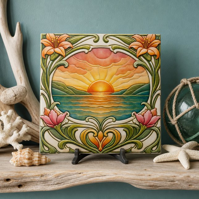 Sunset by the Sea  Art Nouveau  Ceramic Tile (This mockup is a digital representation created using generative AI tools to showcase the design)