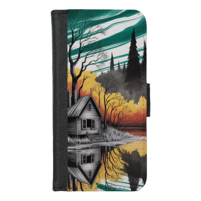 Sunset Cabin Reflection – Moody Nature Landscape iPhone Wallet Case (Front)