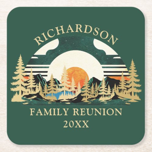 Sunset Camping Vacation Green Family Reunion Square Paper Coaster