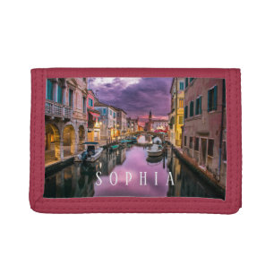 Sunset Canal Italy, Purple Sky, White Text Trifold Trifold Wallet