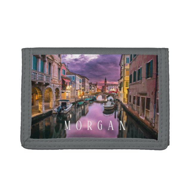 Sunset Canal Italy, Purple Sky, White Text Trifold Trifold Wallet (Front)