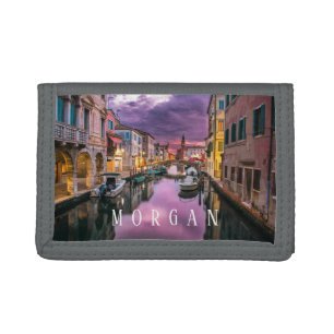 Sunset Canal Italy, Purple Sky, White Text Trifold Wallet