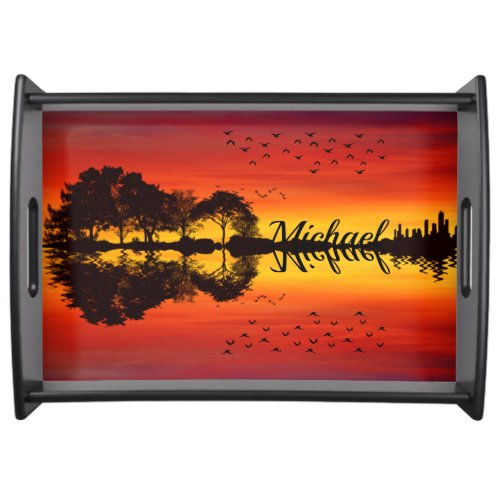 Sunset canvas painting with guitar silhouette serving tray