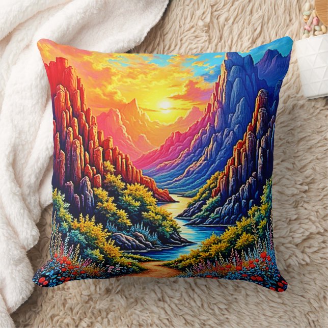  Sunset Canyon River Art Throw Pillow (Blanket)