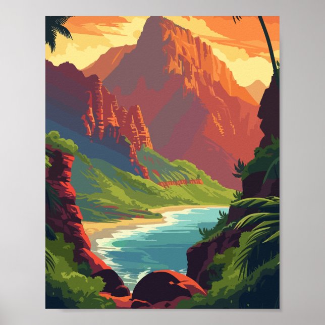 Sunset Canyon River – Retro Scenic Mountain Poster (Front)