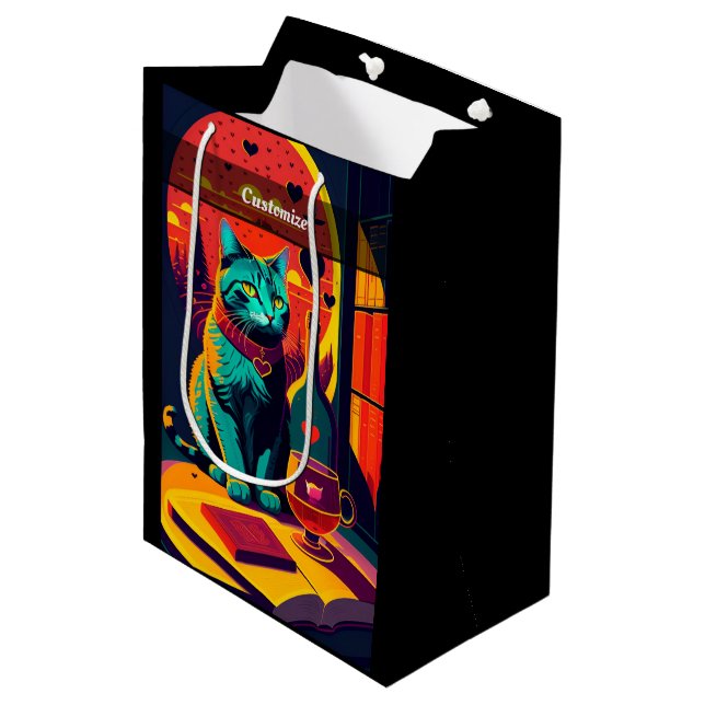 Sunset Cat Books And Wine  Medium Gift Bag (Front Angled)