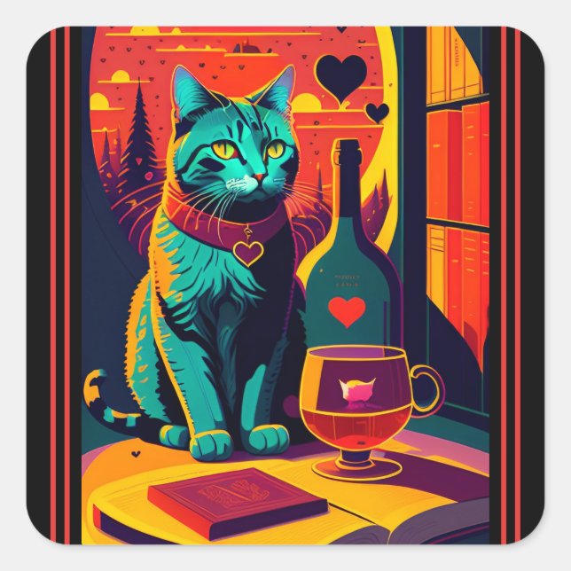 Sunset Cat Books And Wine  Square Sticker (Front)