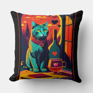 Sunset Cat Books And Wine Throw Pillow