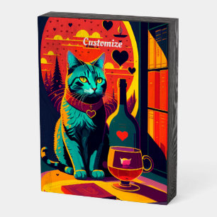 Sunset Cat Books And Wine Wooden Box Sign