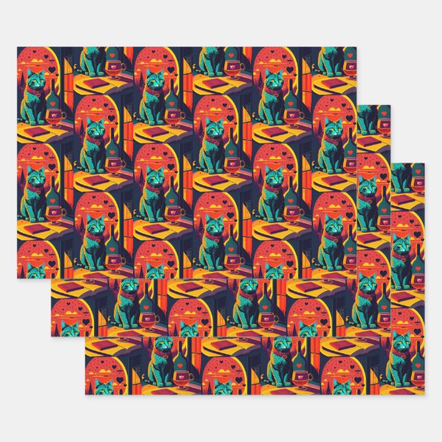 Sunset Cat Books And Wine  Wrapping Paper Sheets (Set)