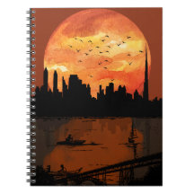 Sunset City Skyline Silhouette Watercolor Spiral N