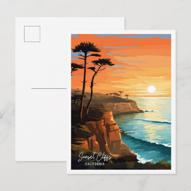 Sunset Cliffs California Travel Illustration Postcard (Front/Back)