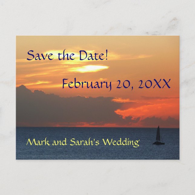 Sunset Clouds and Sailboat Save the Date Postcard (Front)